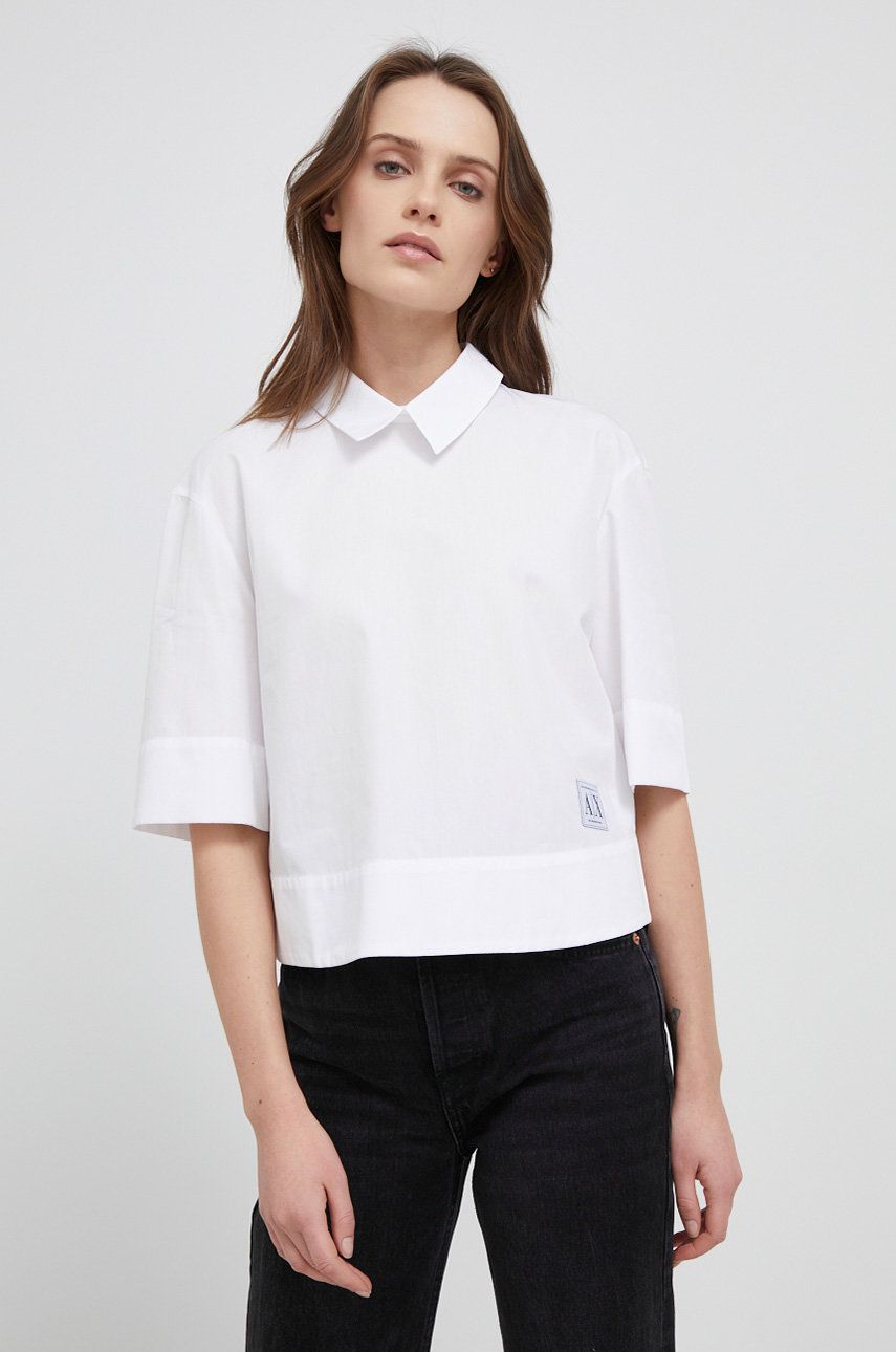Armani Exchange bluza din bumbac femei, culoarea alb, neted