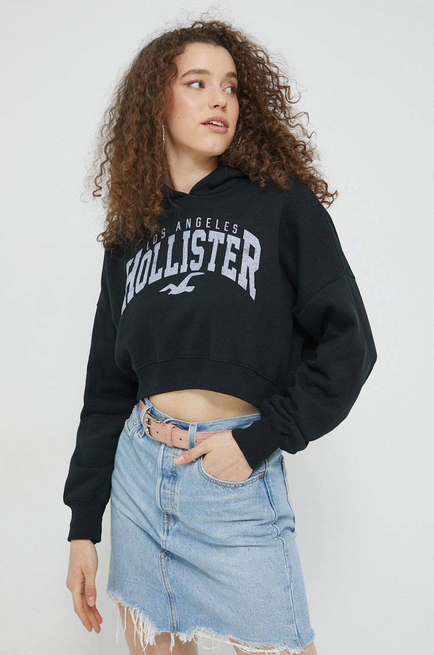 Hollister Co. bluza femei, culoarea negru, cu glugă, cu imprimeu