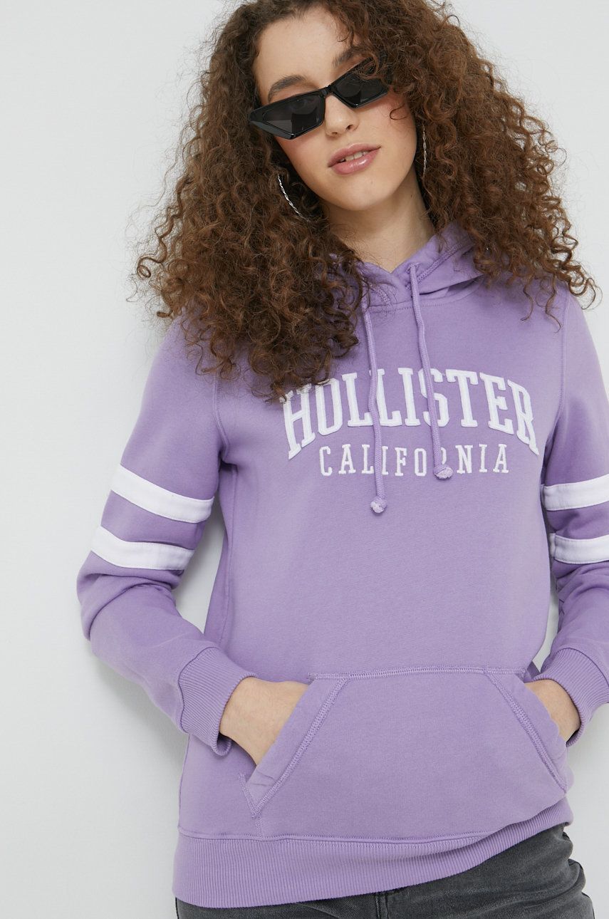 Hollister Co. bluza femei, culoarea violet, cu glugă, cu imprimeu