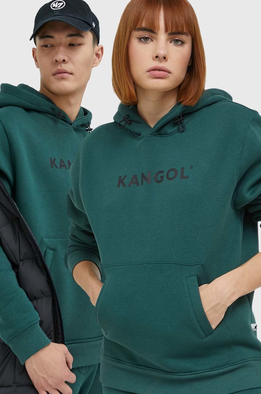 Kangol bluza unisex, culoarea verde, cu glugă, cu imprimeu