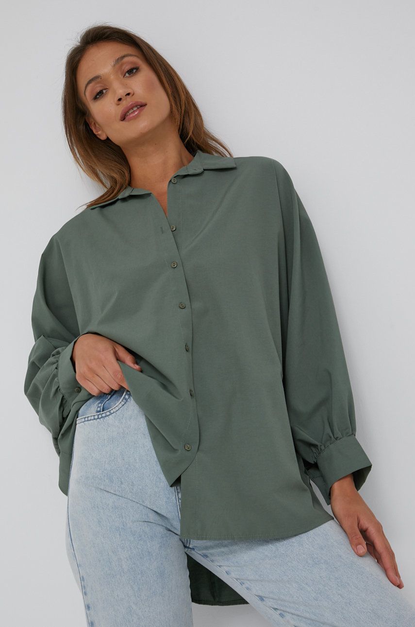 Answear Lab camasa din bumbac femei, culoarea verde, cu guler clasic, relaxed