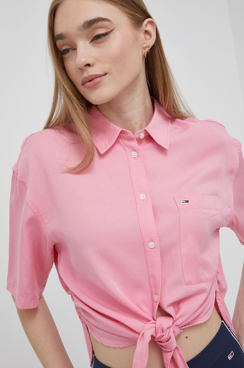 Tommy Jeans camasa din amestec de in femei, culoarea roz, cu guler clasic, regular