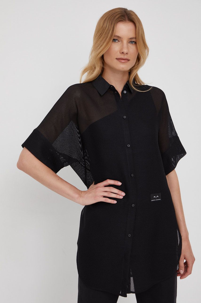Armani Exchange camasa femei, culoarea negru, cu guler clasic, relaxed