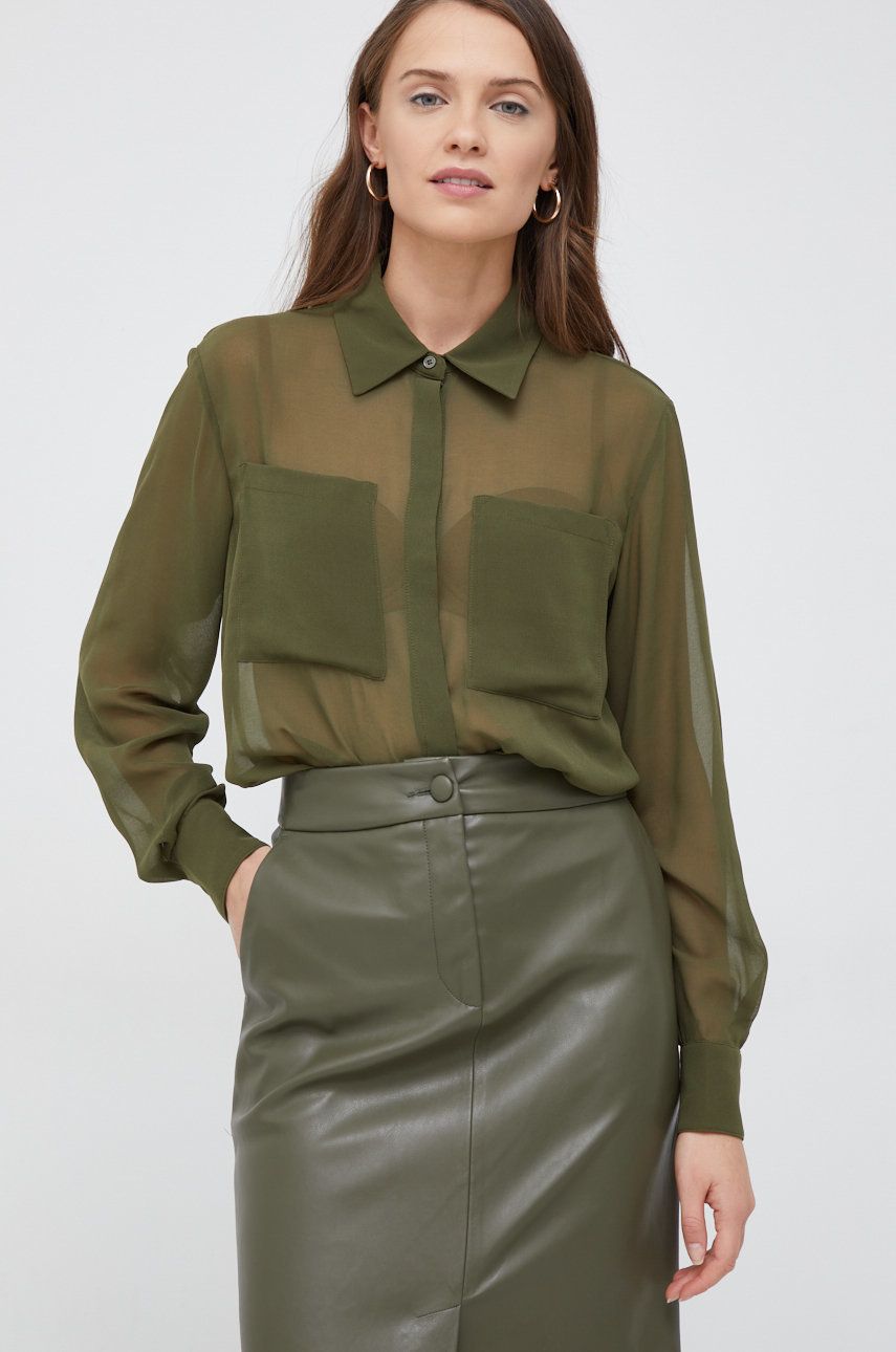 Sisley camasa femei, culoarea verde, cu guler clasic, regular