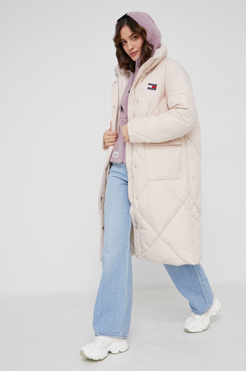 Tommy Jeans geaca femei, culoarea bej, de iarna