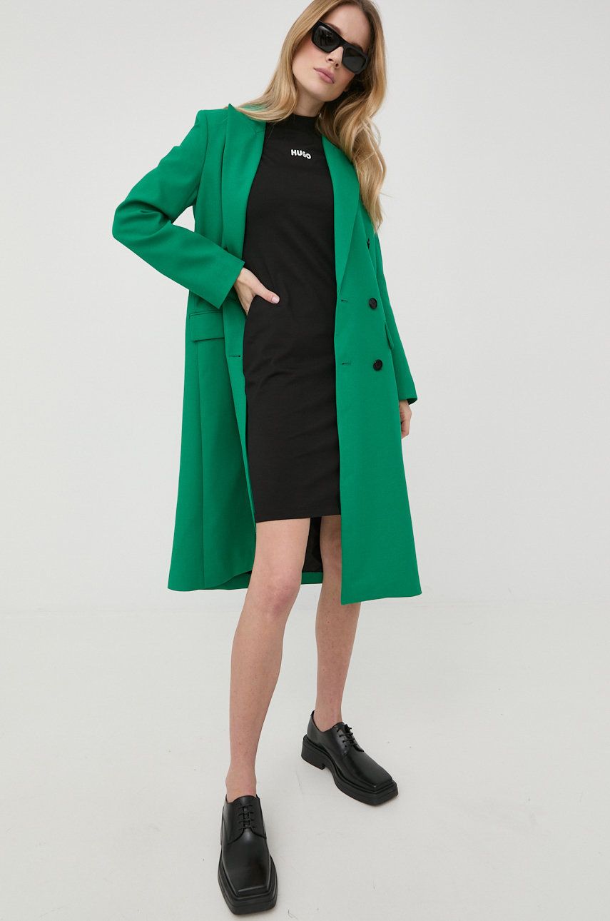 Karl Lagerfeld palton femei, culoarea verde, de tranzitie, cu doua randuri de nasturi