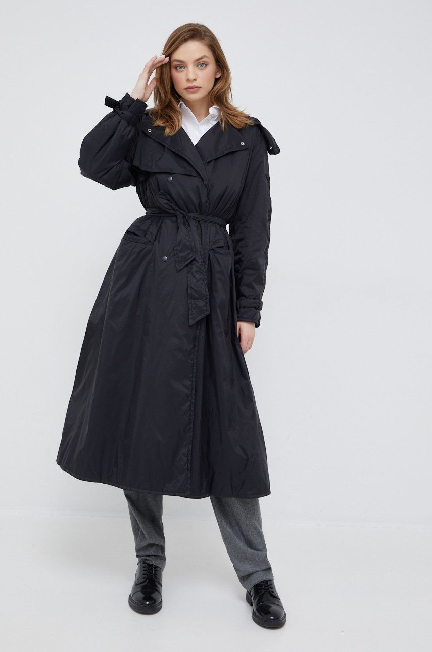 Emporio Armani palton femei, culoarea negru, de tranzitie, cu doua randuri de nasturi