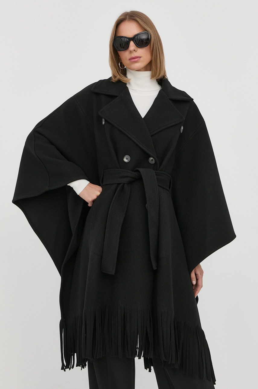 Silvian Heach palton femei, culoarea negru, de tranzitie, cu doua randuri de nasturi