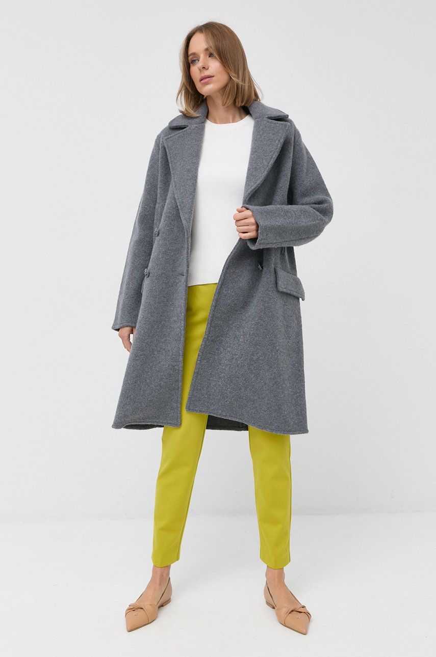 Emporio Armani palton de lana culoarea gri, de tranzitie, cu doua randuri de nasturi