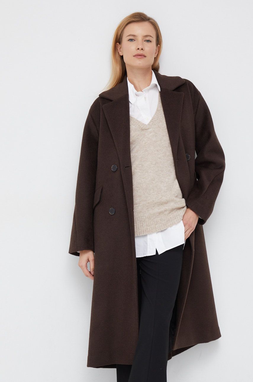 Selected Femme palton de lana culoarea maro, de tranzitie, cu doua randuri de nasturi