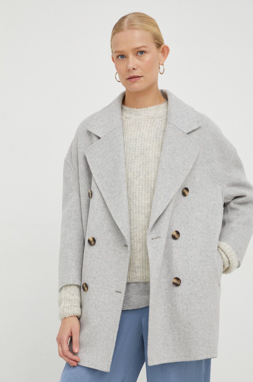 American Vintage palton de lana culoarea gri, de tranzitie, cu doua randuri de nasturi