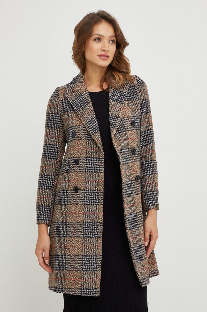 Answear Lab palton de lana culoarea maro, de tranzitie, cu doua randuri de nasturi