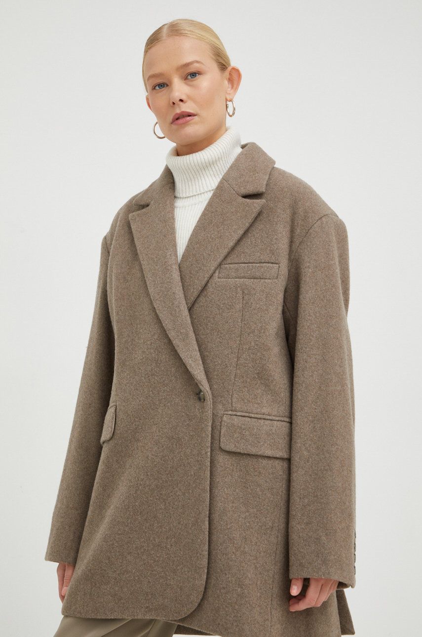 Birgitte Herskind palton de lana culoarea maro, de tranzitie, oversize