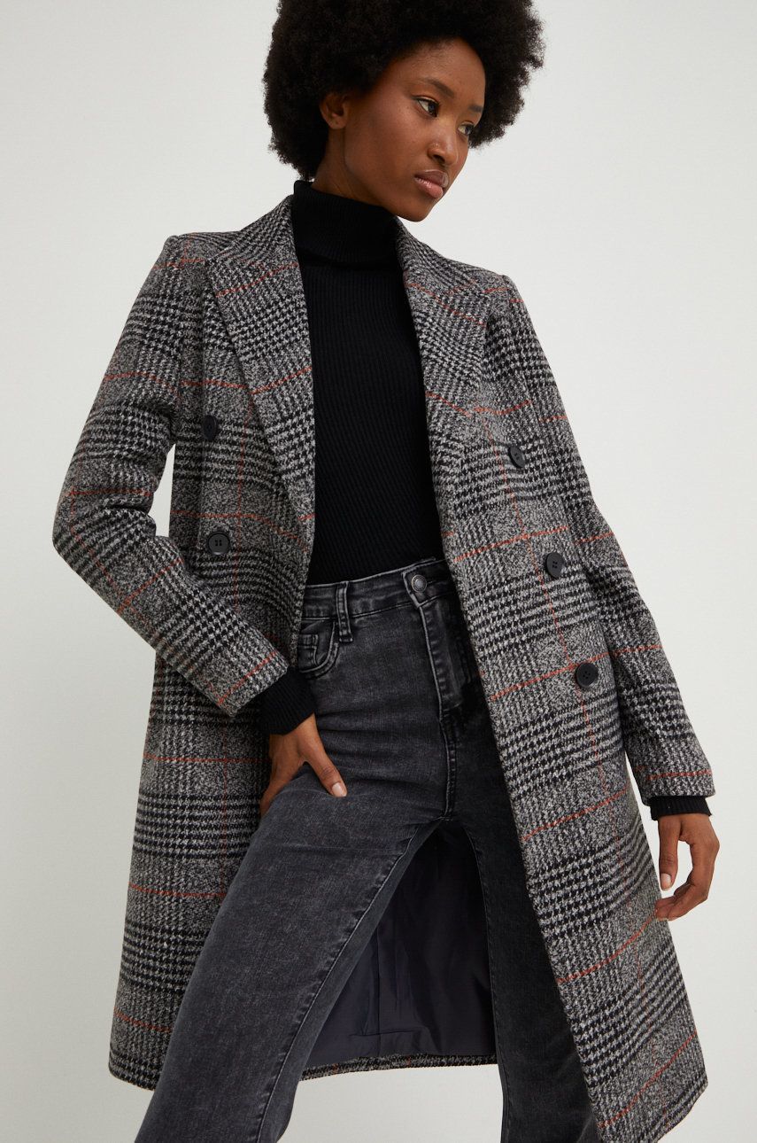 Answear Lab palton de lana culoarea negru, de tranzitie, cu doua randuri de nasturi