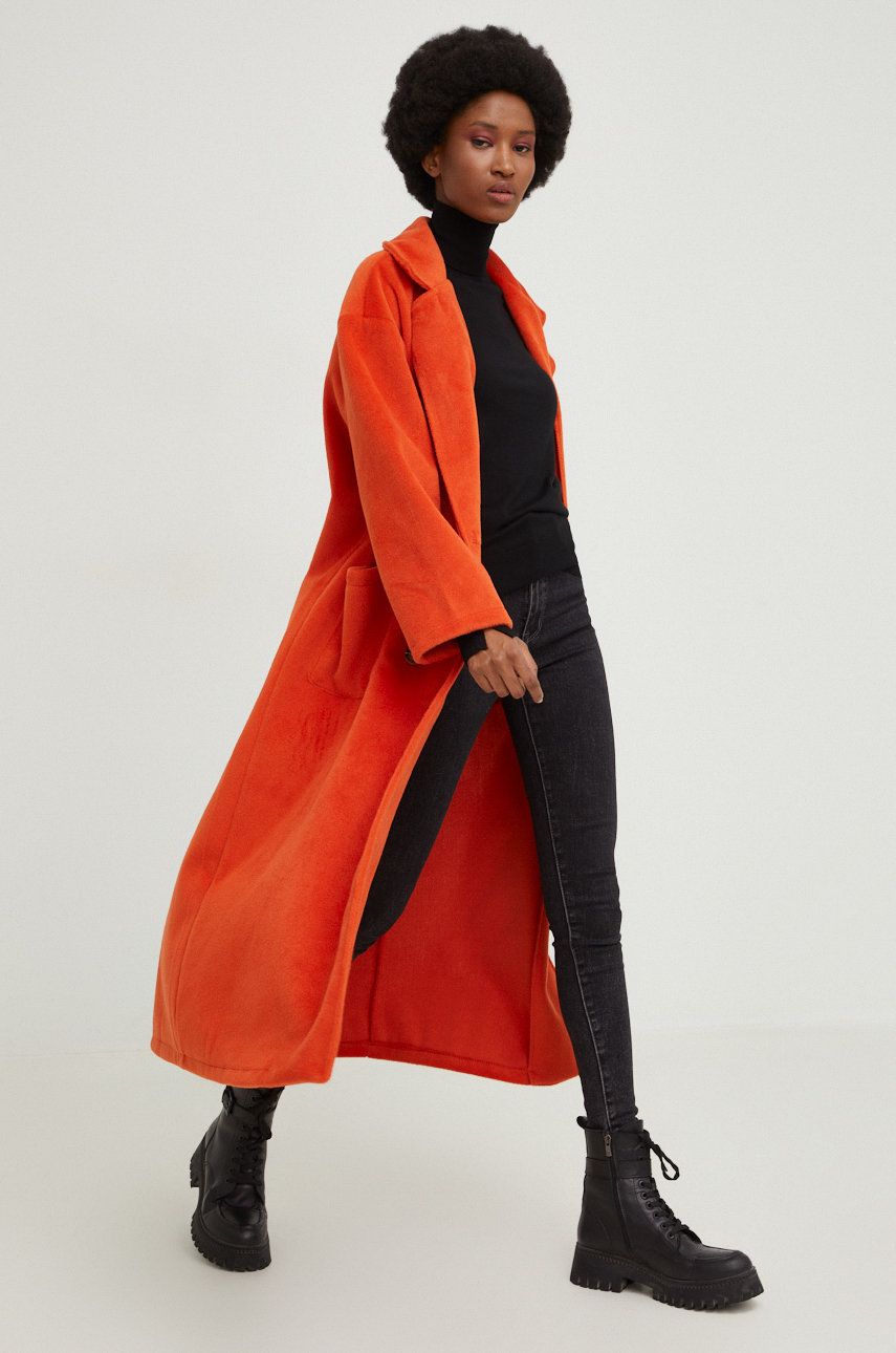 Answear Lab palton femei, culoarea portocaliu, de tranzitie, oversize