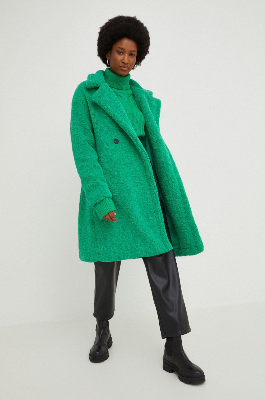 Answear Lab palton femei, culoarea verde, de tranzitie, cu doua randuri de nasturi