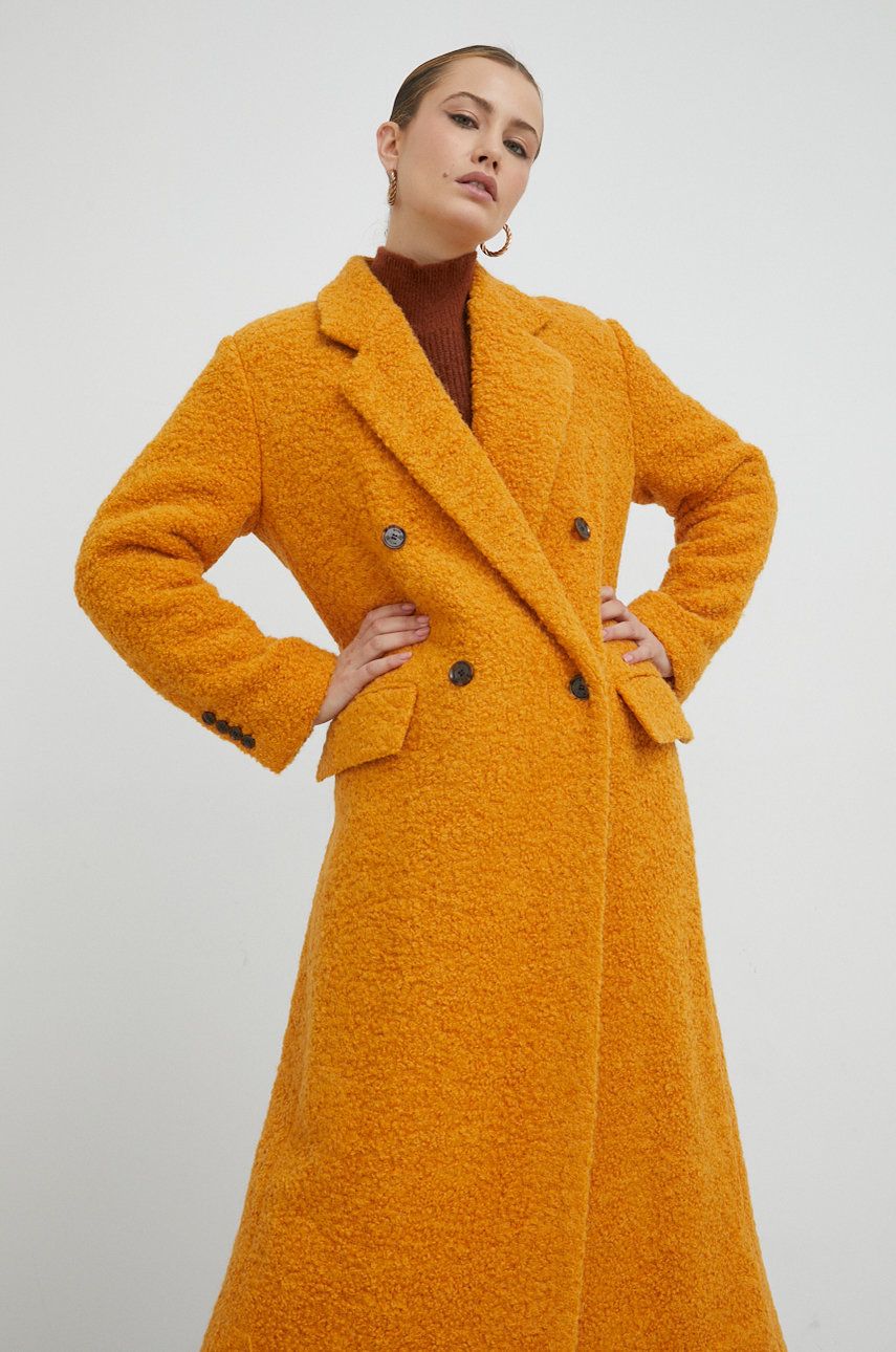 BOSS palton de lana culoarea galben, de tranzitie, oversize
