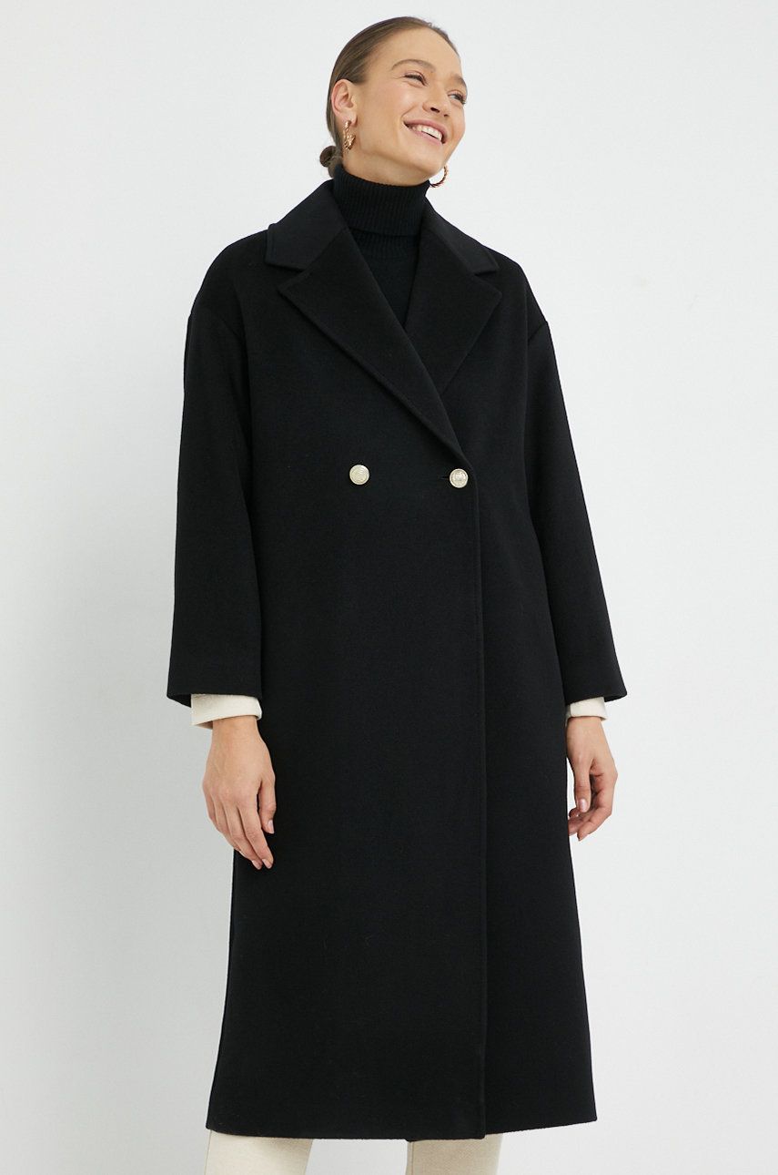 Pennyblack palton de lana culoarea negru, de tranzitie, cu doua randuri de nasturi