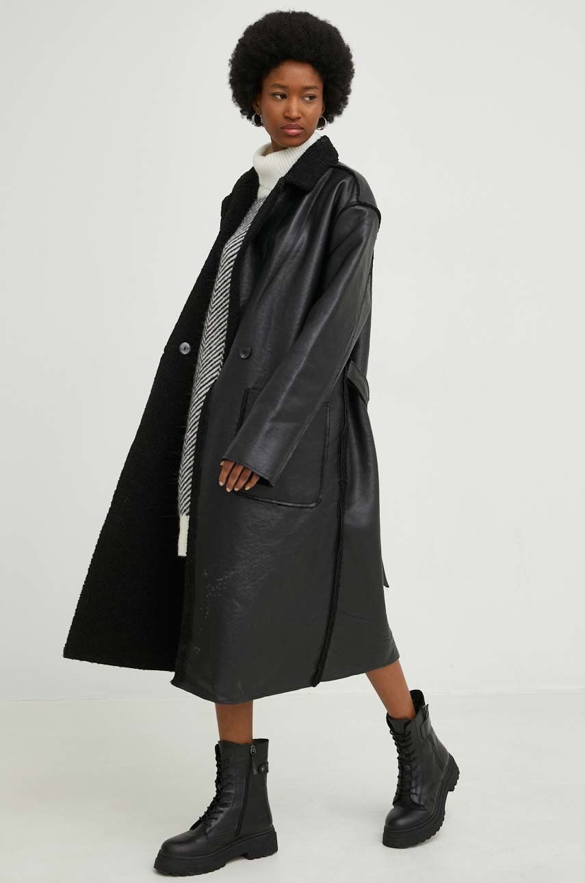 Answear Lab palton femei, culoarea negru, de tranzitie, oversize