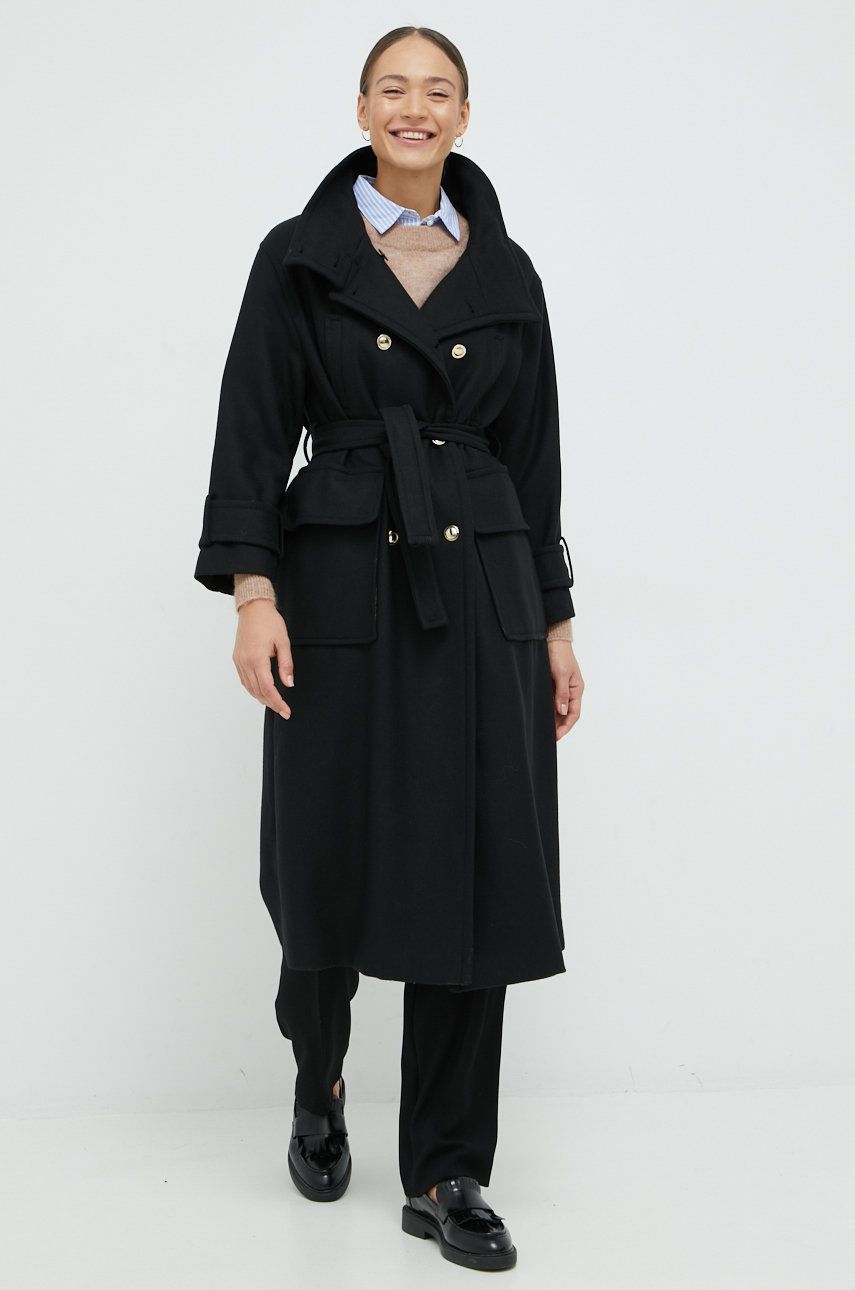Sisley palton de lana culoarea negru, de tranzitie, cu doua randuri de nasturi