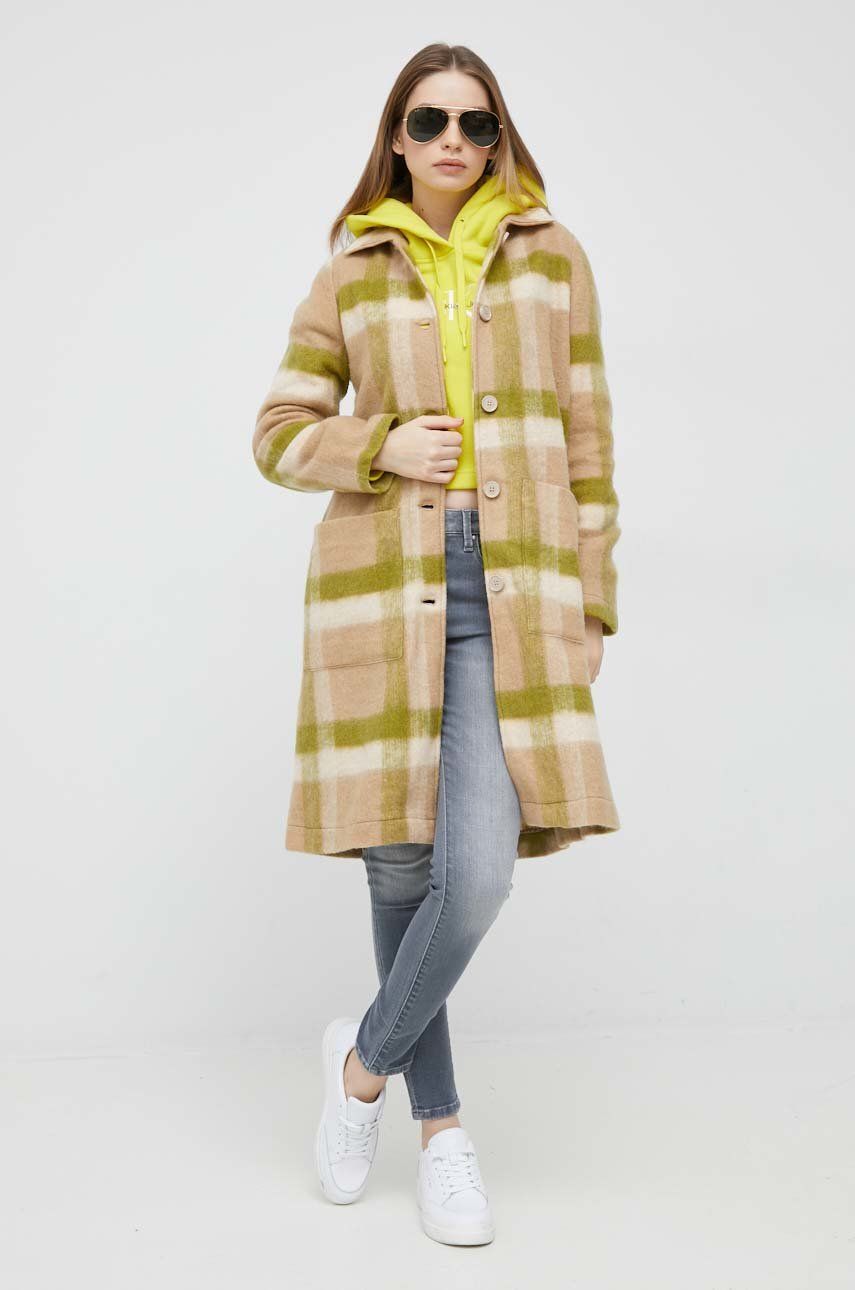 United Colors of Benetton palton din lana culoarea bej, de tranzitie