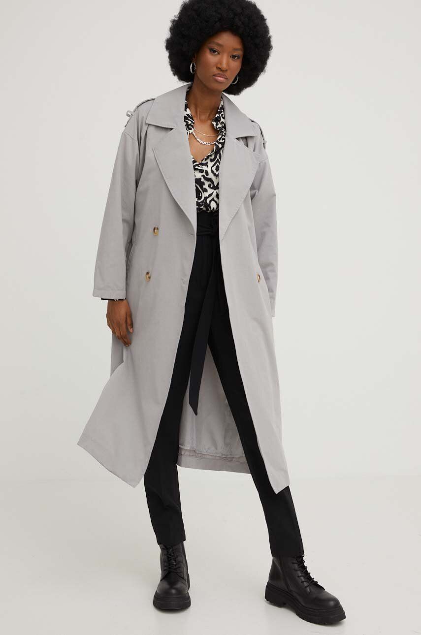 Answear Lab palton femei, culoarea gri, de tranzitie, cu doua randuri de nasturi