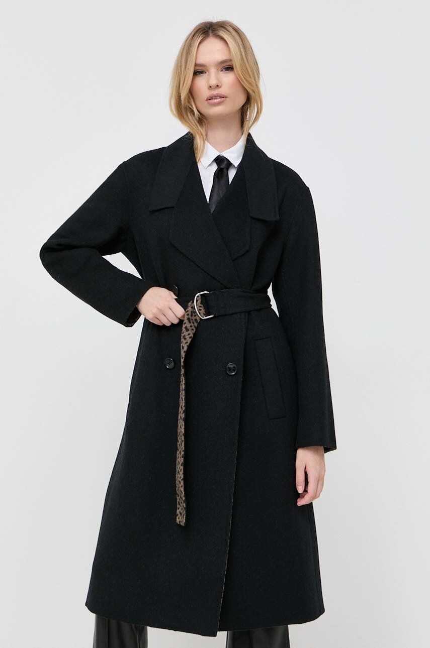 BOSS palton de lana culoarea negru, de tranzitie, cu doua randuri de nasturi