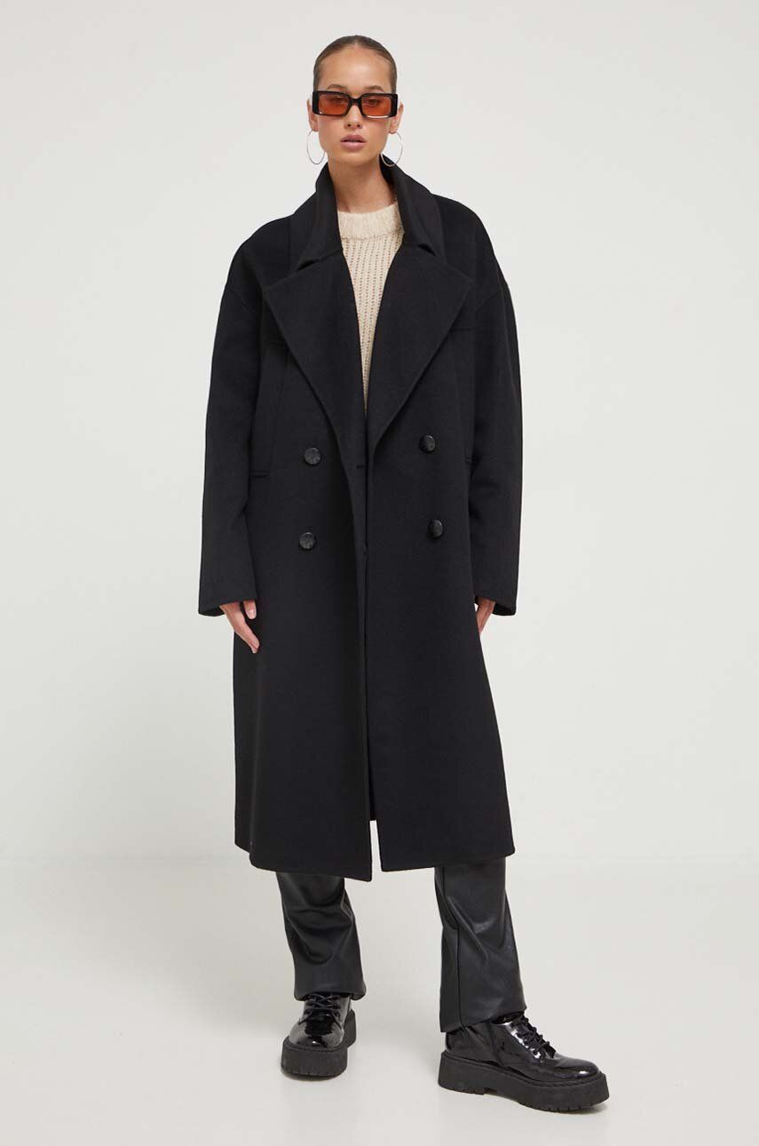 HUGO palton de lana culoarea negru, de tranzitie, oversize