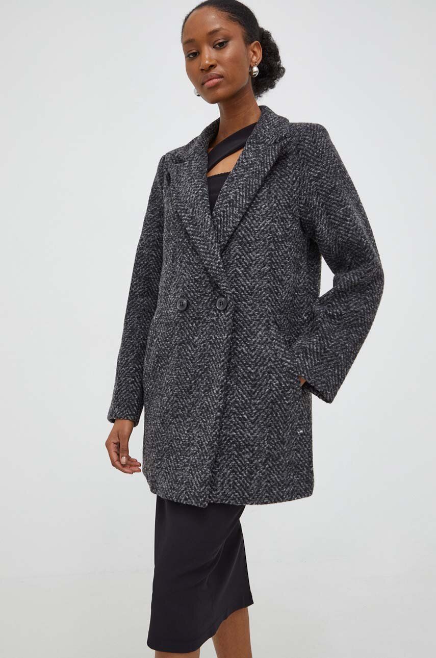 Answear Lab palton femei, culoarea gri, de tranzitie, cu doua randuri de nasturi