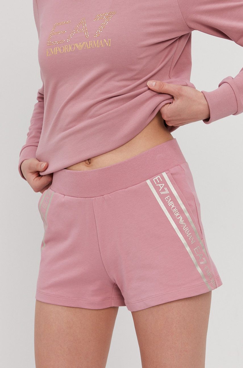 EA7 Emporio Armani Pantaloni scurți femei, culoarea roz, cu imprimeu, medium waist