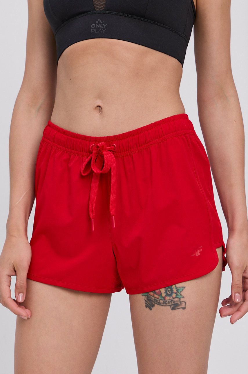 4F Pantaloni scurți femei, culoarea rosu, material neted, medium waist
