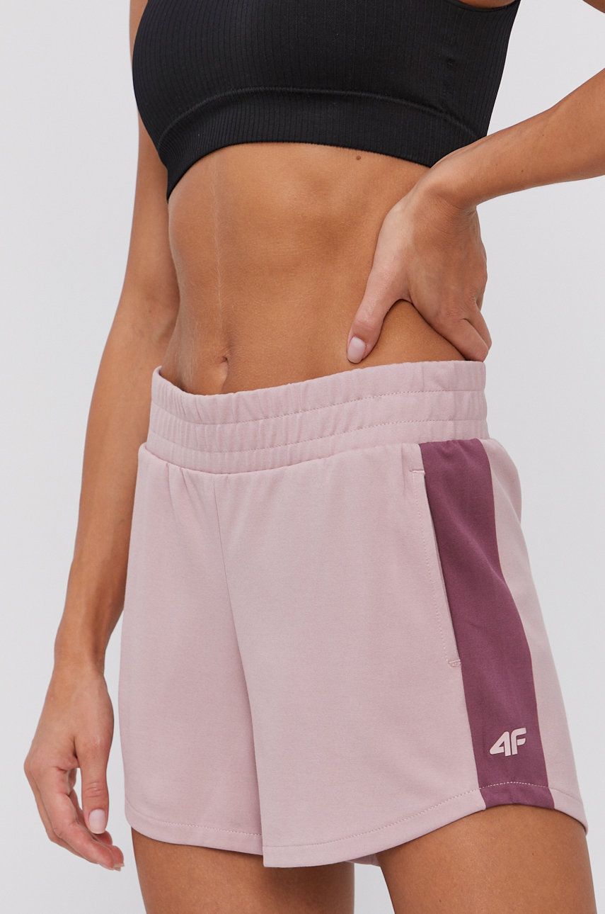 4F Pantaloni scurți femei, culoarea roz, material neted, medium waist