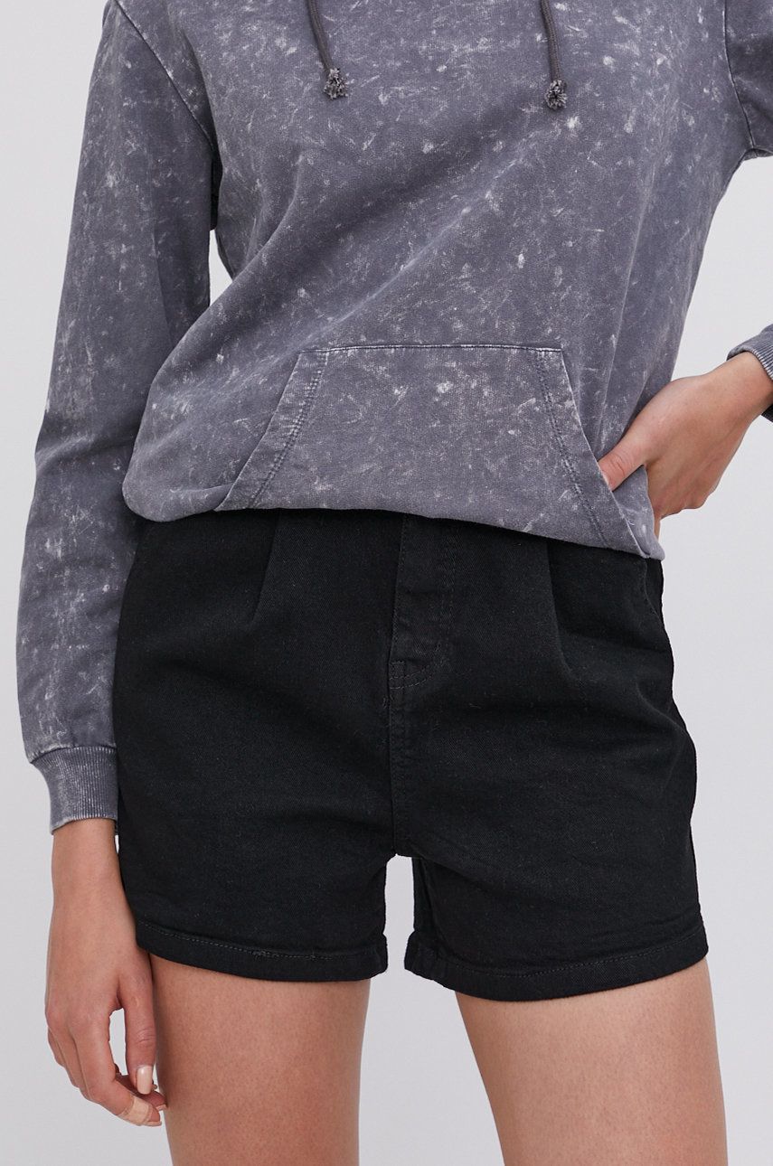Answear Lab Pantaloni scurți jeans femei, culoarea negru, material neted, high waist