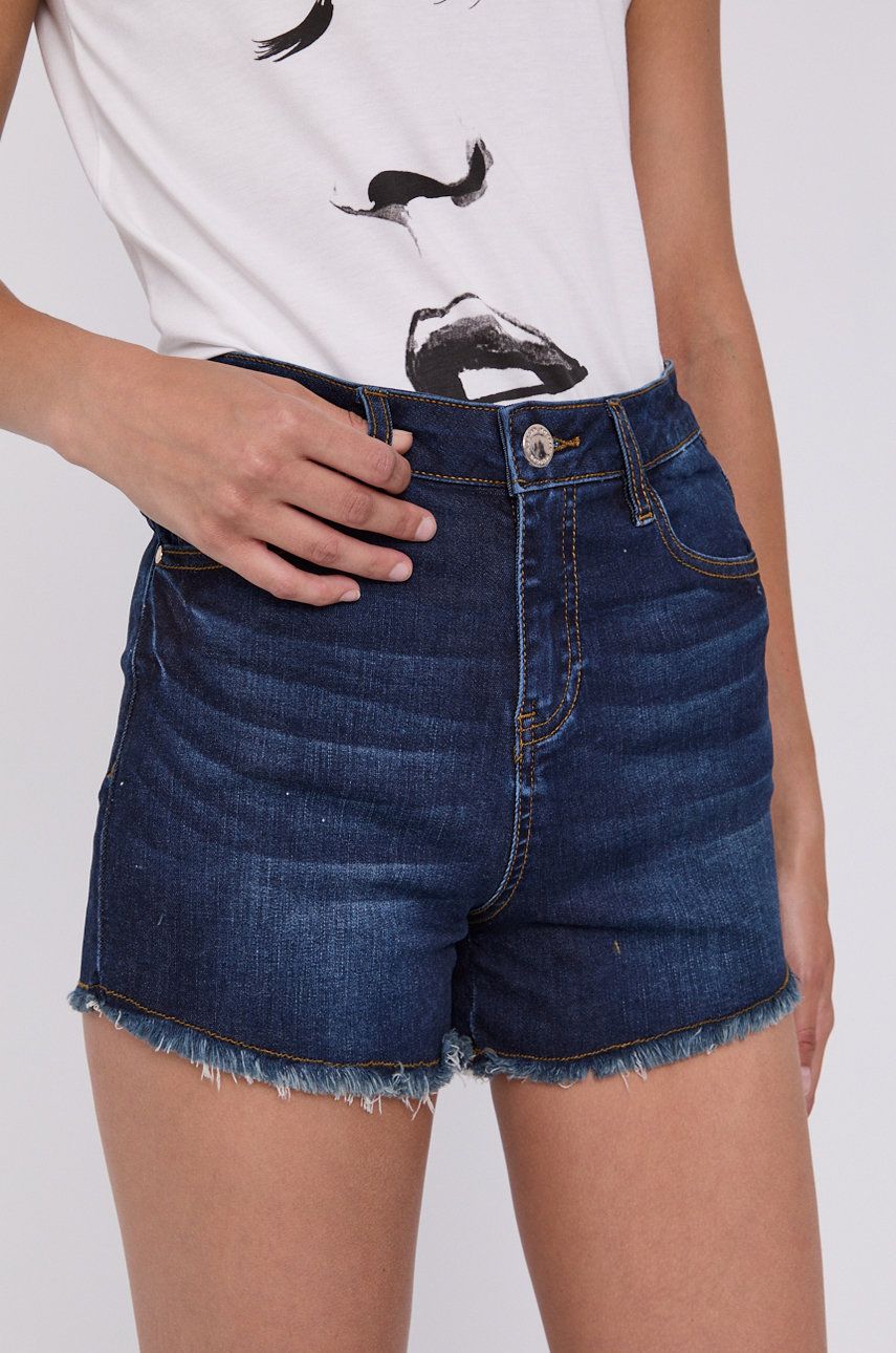 Morgan Pantaloni scurți jeans femei, culoarea albastru marin, material neted, high waist