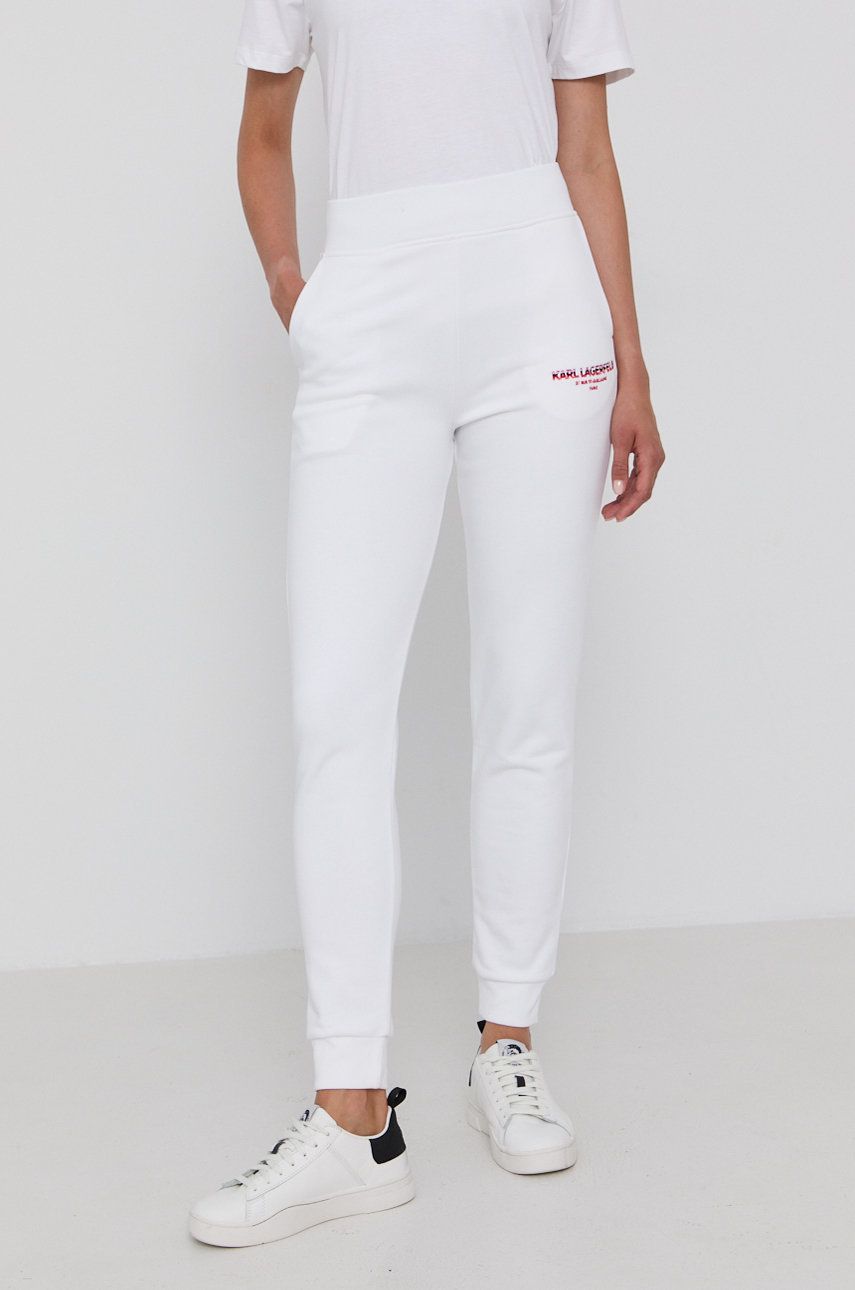 Karl Lagerfeld Pantaloni femei, culoarea alb, cu imprimeu