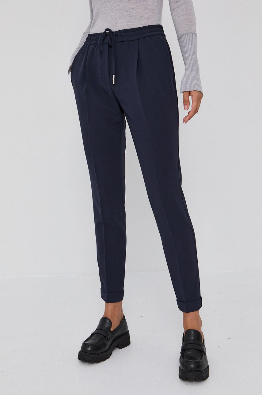 Boss Pantaloni femei, culoarea albastru marin, model drept, high waist