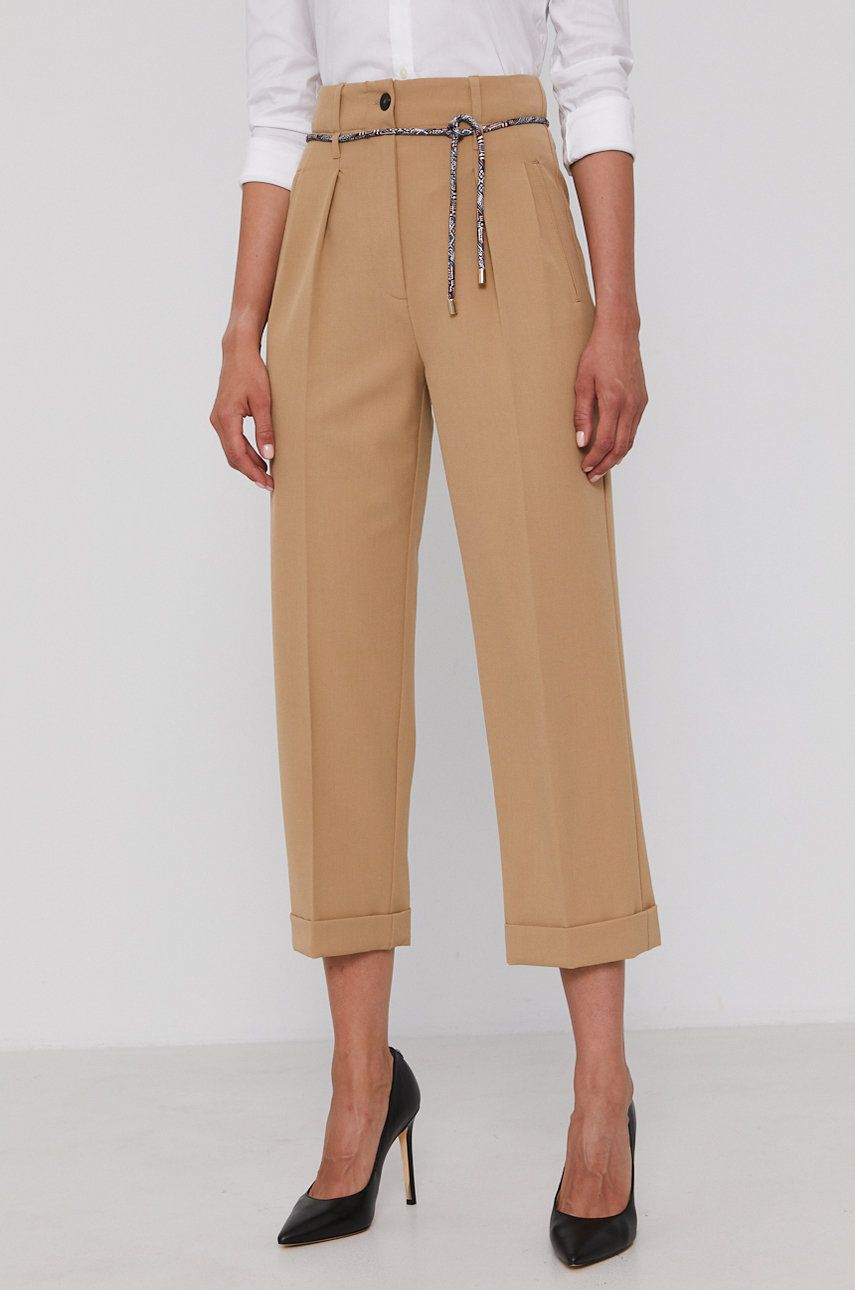 Marella Pantaloni femei, culoarea bej, model drept, high waist