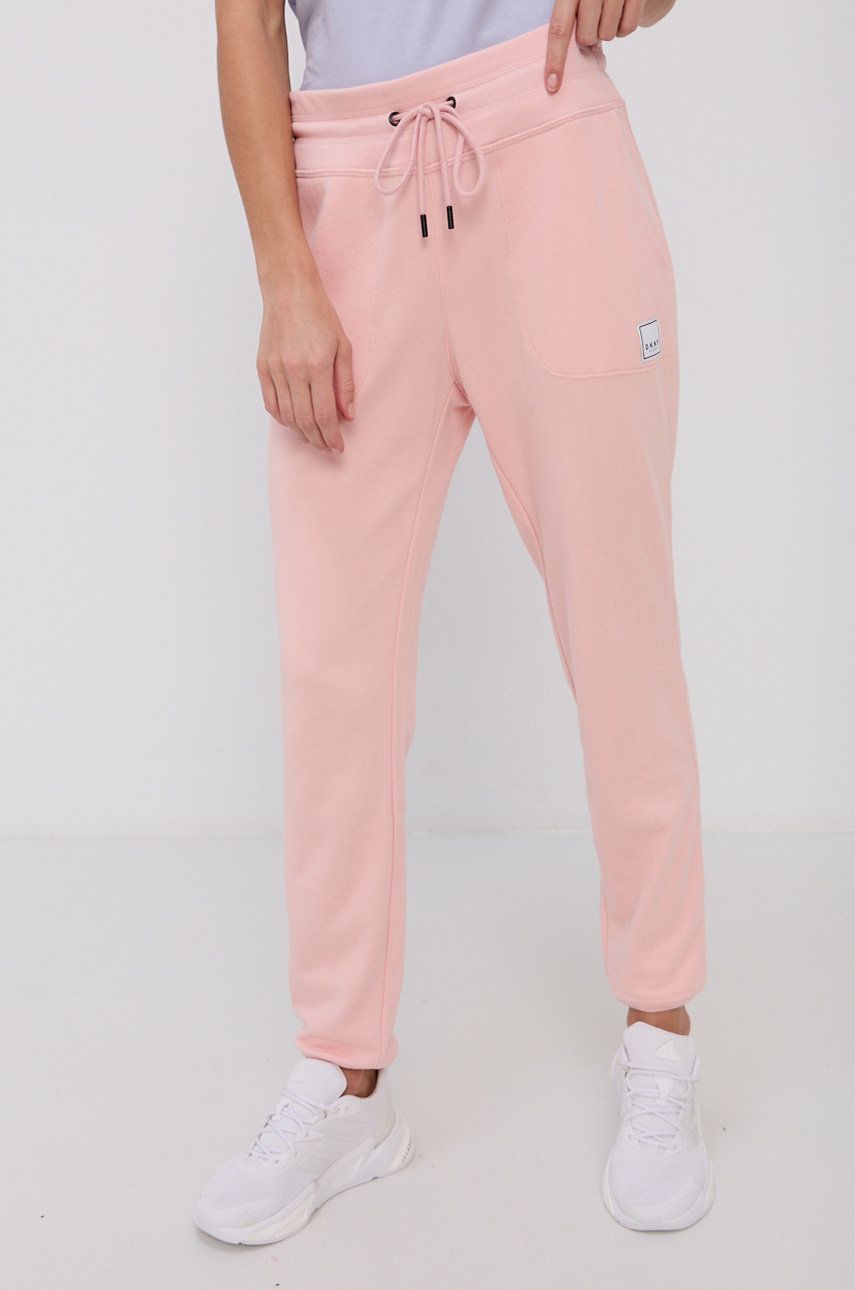 Dkny Pantaloni femei, culoarea roz, material neted