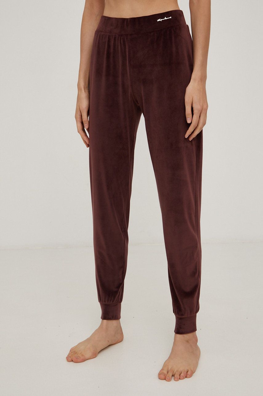 Emporio Armani Underwear Pantaloni de pijama femei, culoarea maro, model drept, medium waist