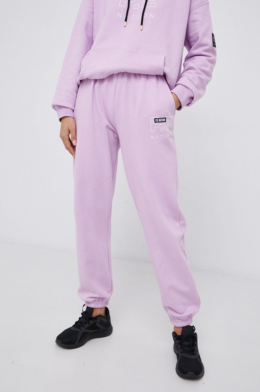 P.E Nation Pantaloni de bumbac femei, culoarea violet, material neted