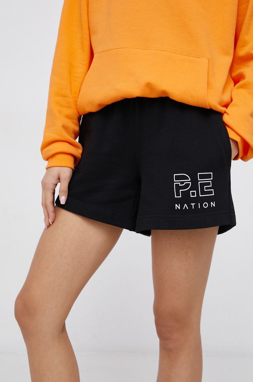 P.E Nation Pantaloni scurți din bumbac femei, culoarea negru, material neted, high waist