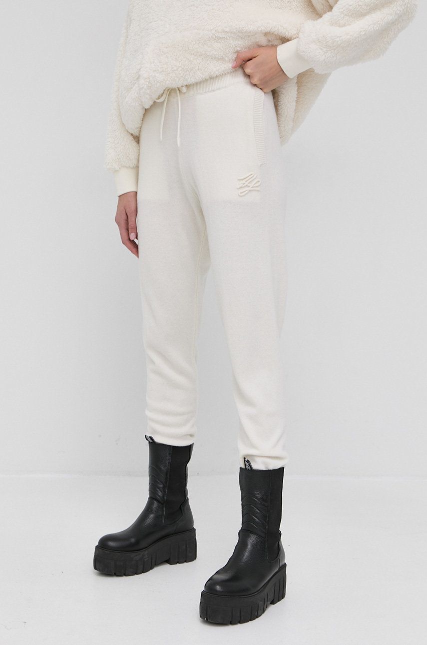 Karl Lagerfeld Pantaloni de lână femei, culoarea crem, material neted