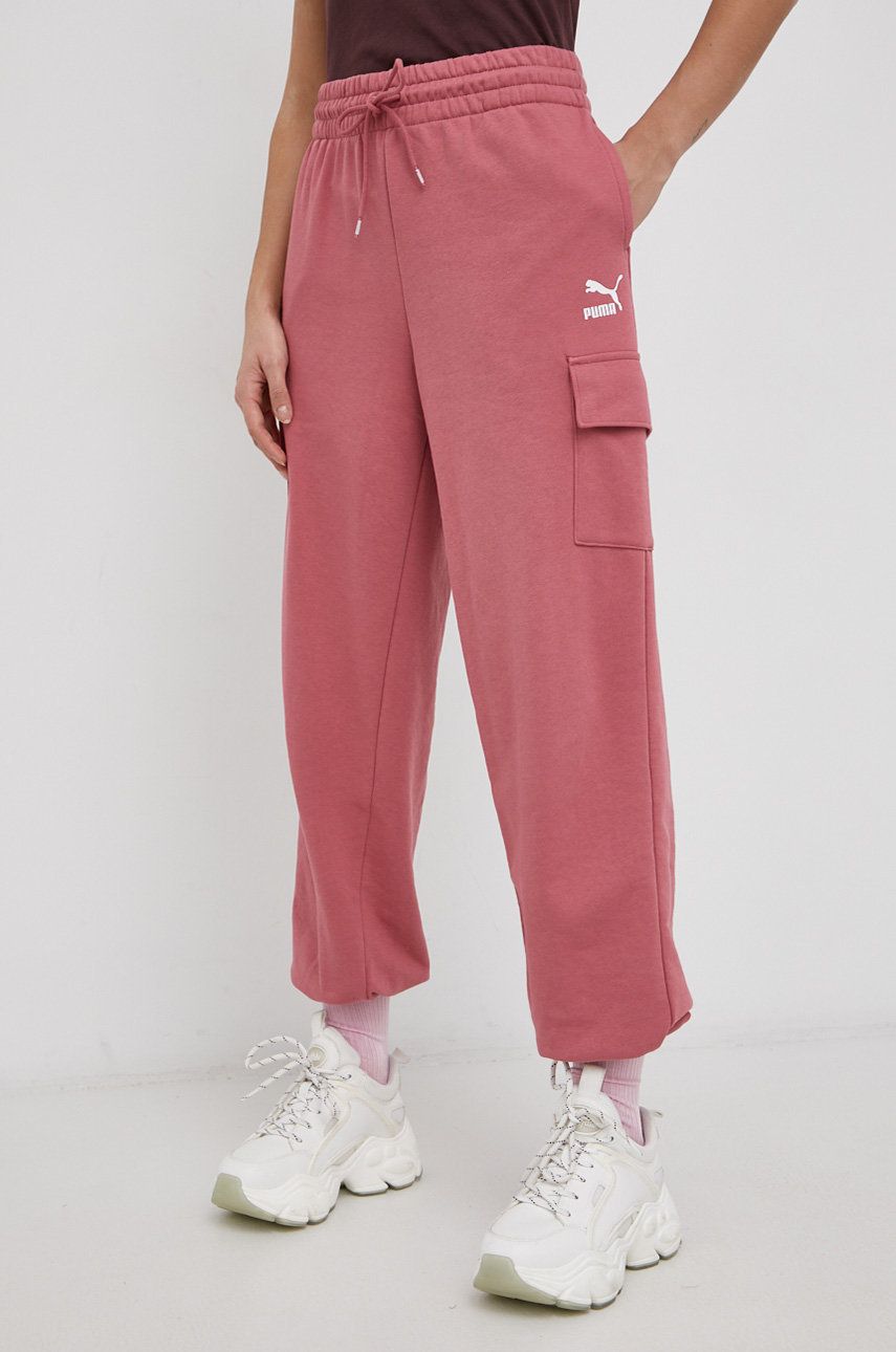 Puma Pantaloni 531698 femei, culoarea roz, material neted