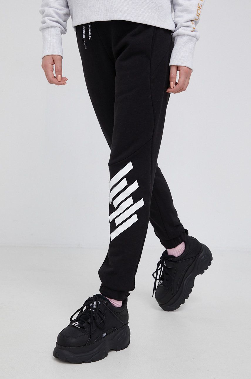 Superdry Pantaloni femei, culoarea negru, material neted