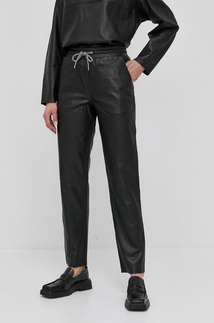 Notes du Nord Pantaloni de piele Tazz femei, culoarea negru, model drept, high waist