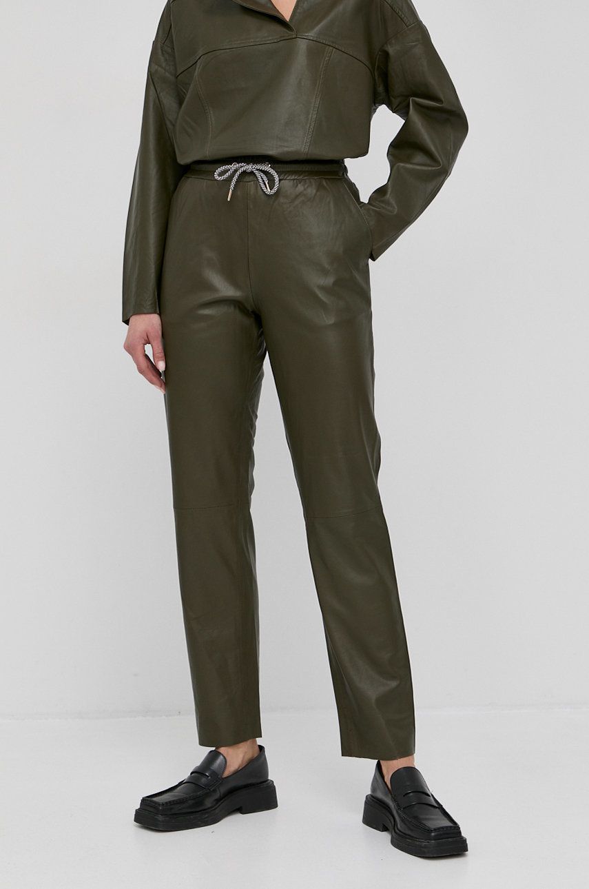 Notes du Nord Pantaloni de piele Tazz femei, culoarea verde, model drept, high waist