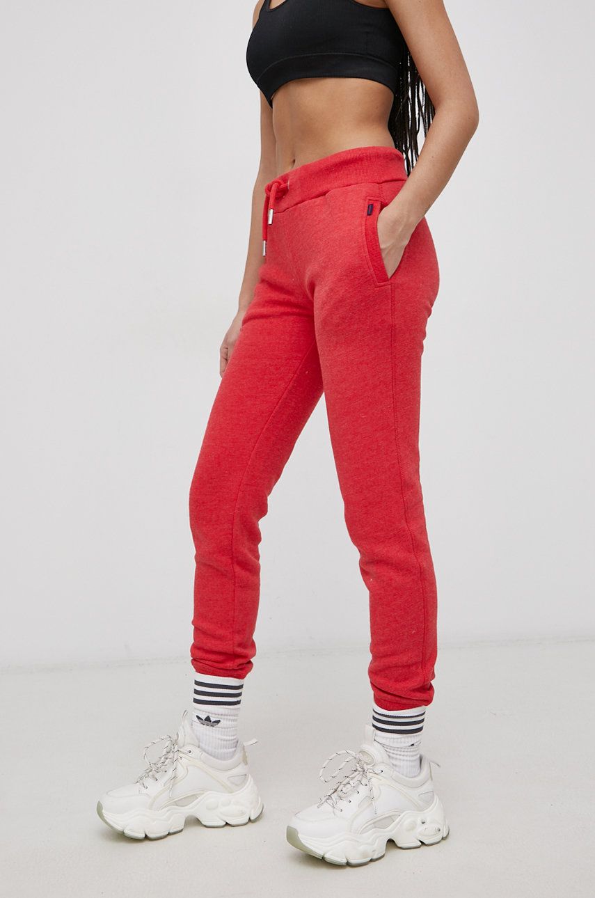 Superdry Pantaloni femei, culoarea rosu, material neted