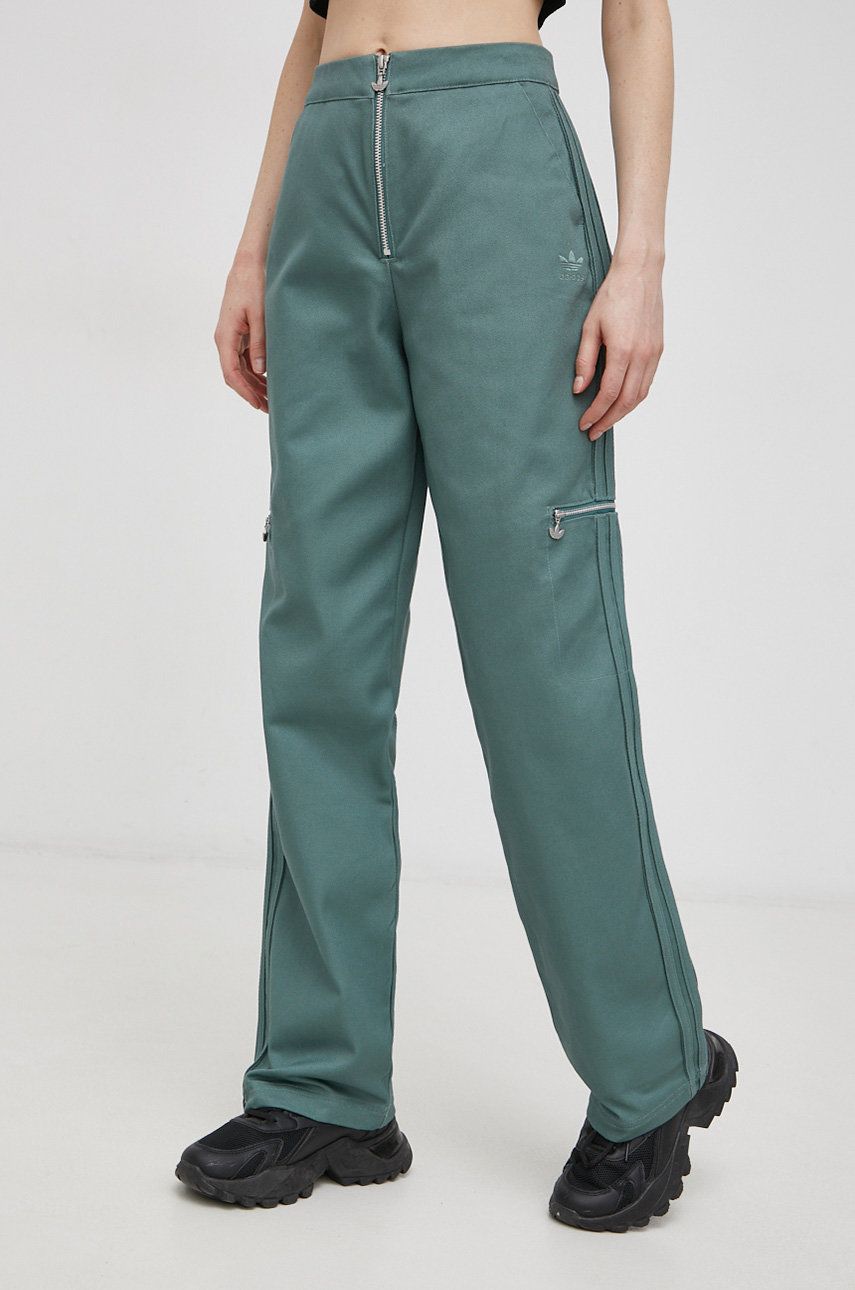 Adidas Originals Pantaloni de bumbac HE4737 femei, culoarea verde, model drept, high waist