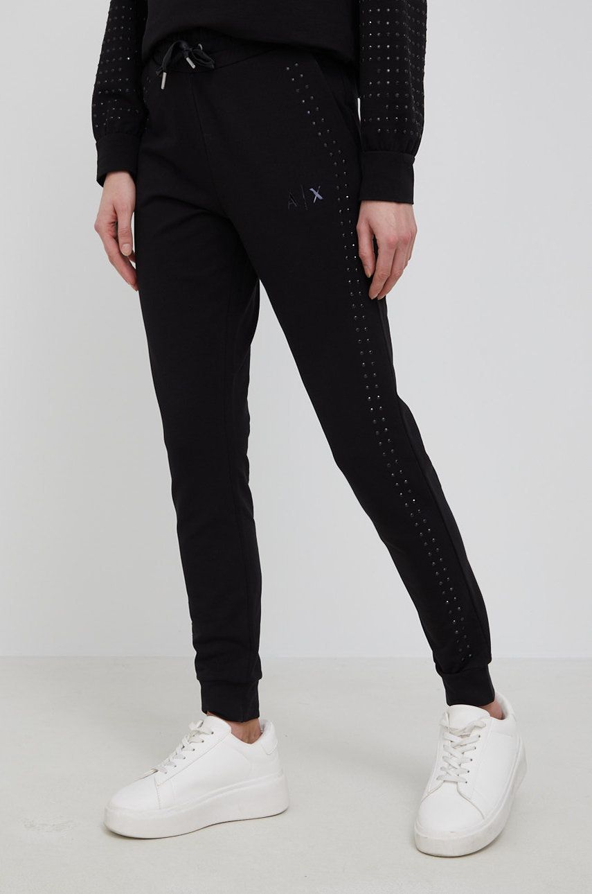 Armani Exchange pantaloni femei, culoarea negru, cu imprimeu