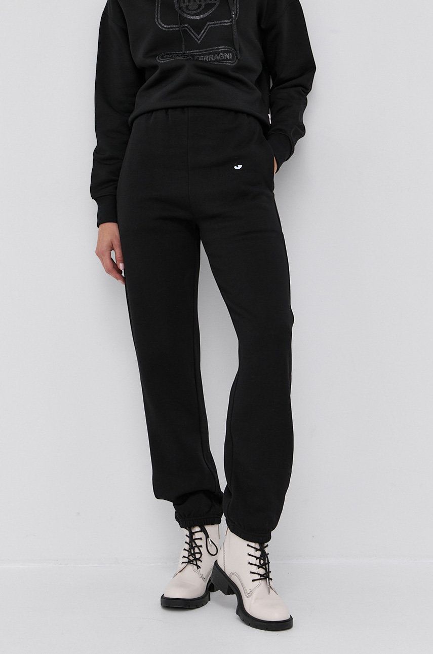 Chiara Ferragni Pantaloni de bumbac femei, culoarea negru, cu imprimeu